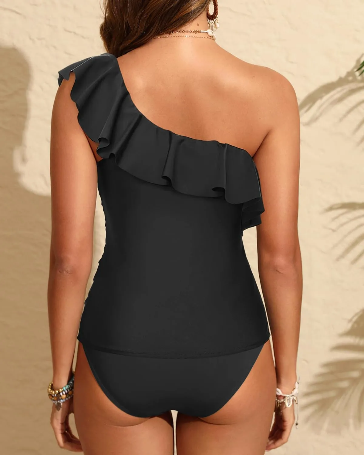 Yonique Women's Two Piece Swimsuits One Shoulder Tankini Tummy Control Bathing Suits Ruffle Swimwear