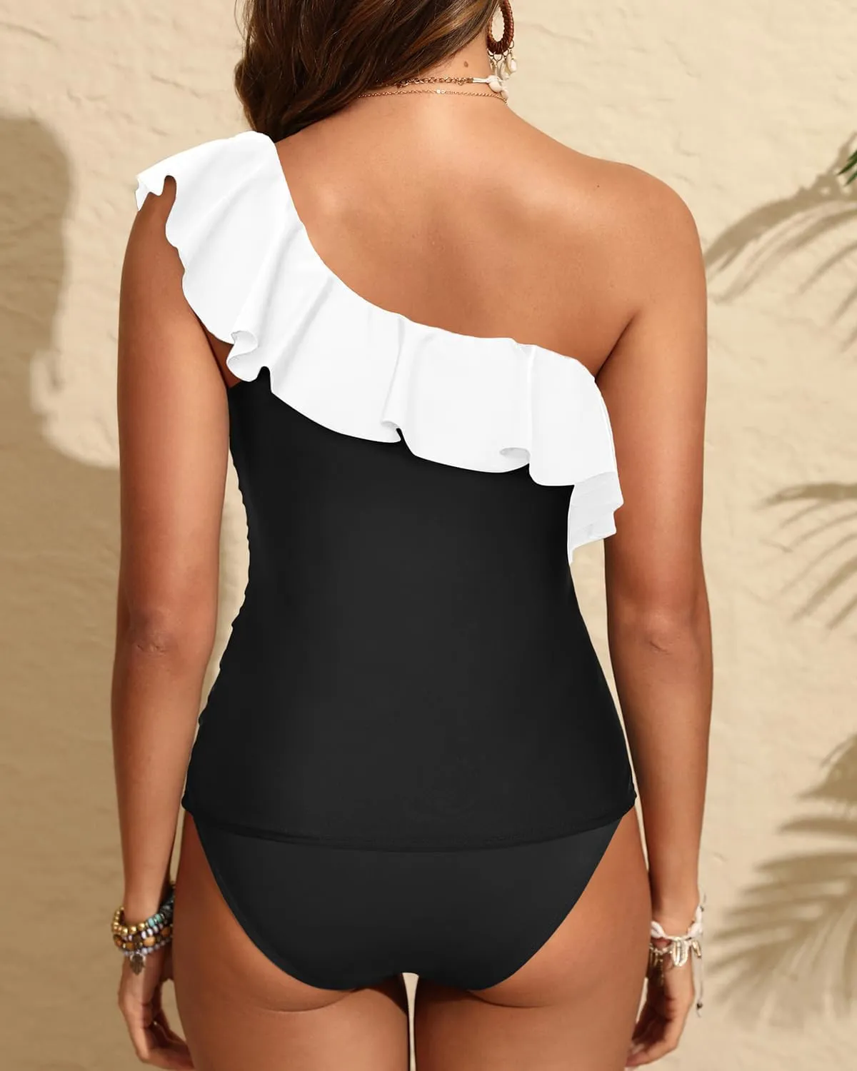 Yonique Women's Two Piece Swimsuits One Shoulder Tankini Tummy Control Bathing Suits Ruffle Swimwear