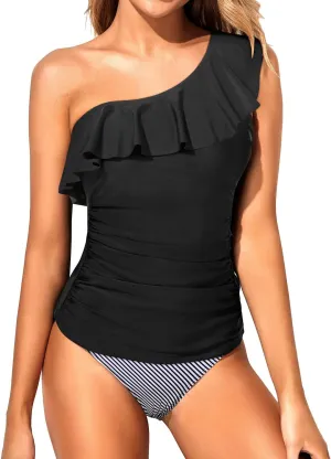 Yonique Women's Two Piece Swimsuits One Shoulder Tankini Tummy Control Bathing Suits Ruffle Swimwear