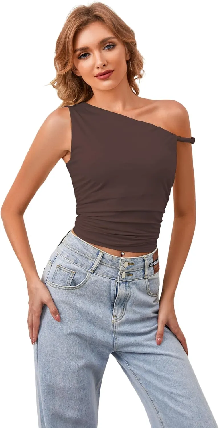 Ythomm Women One Shoulder Ruched Crop Tank Tops Casual Off The Shoulder Twist Strap Summer Tanks Tops Going Out Crop Shirts
