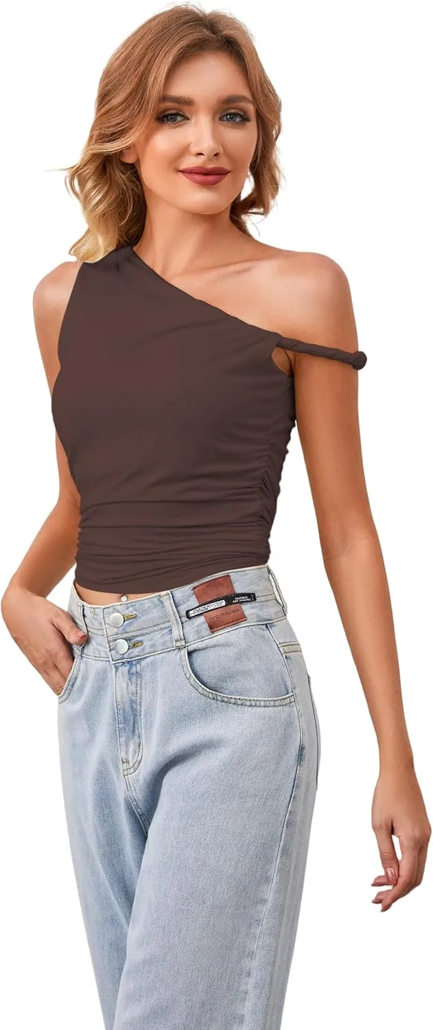 Ythomm Women One Shoulder Ruched Crop Tank Tops Casual Off The Shoulder Twist Strap Summer Tanks Tops Going Out Crop Shirts