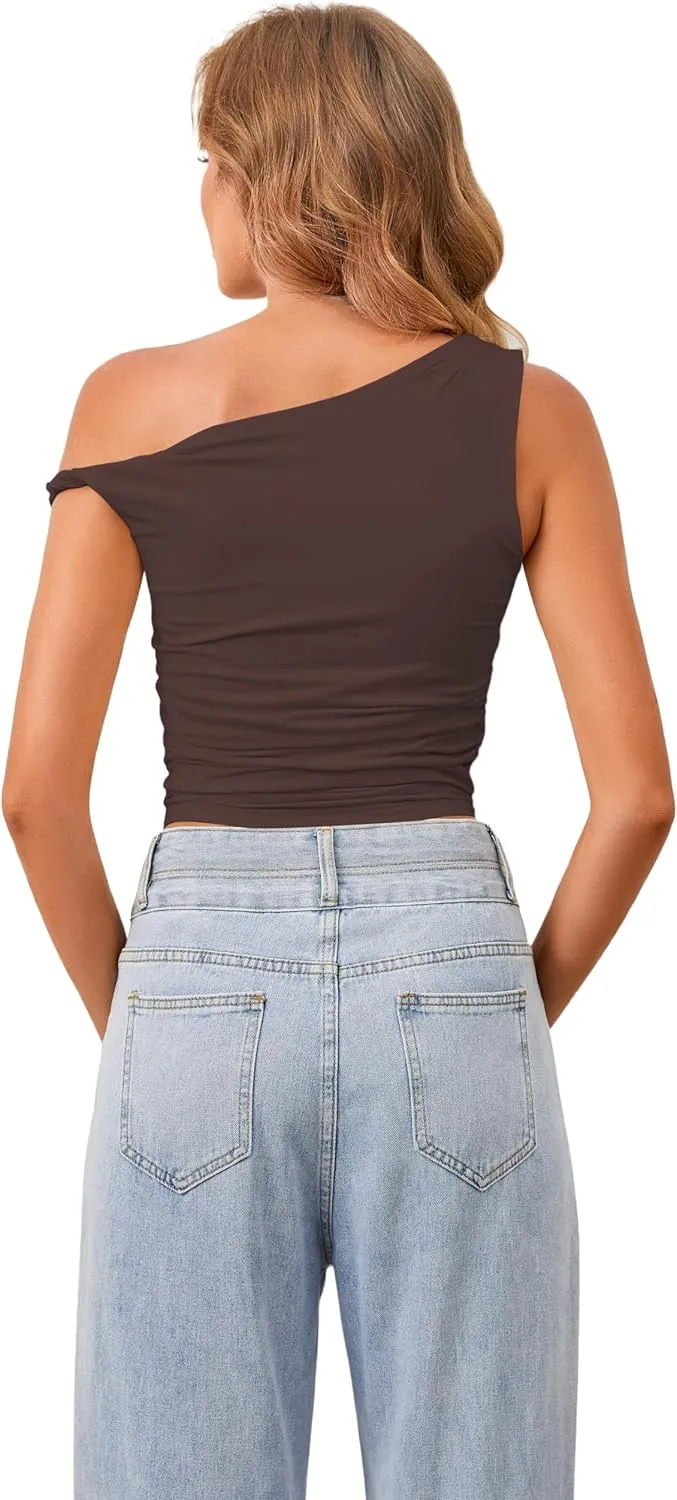 Ythomm Women One Shoulder Ruched Crop Tank Tops Casual Off The Shoulder Twist Strap Summer Tanks Tops Going Out Crop Shirts