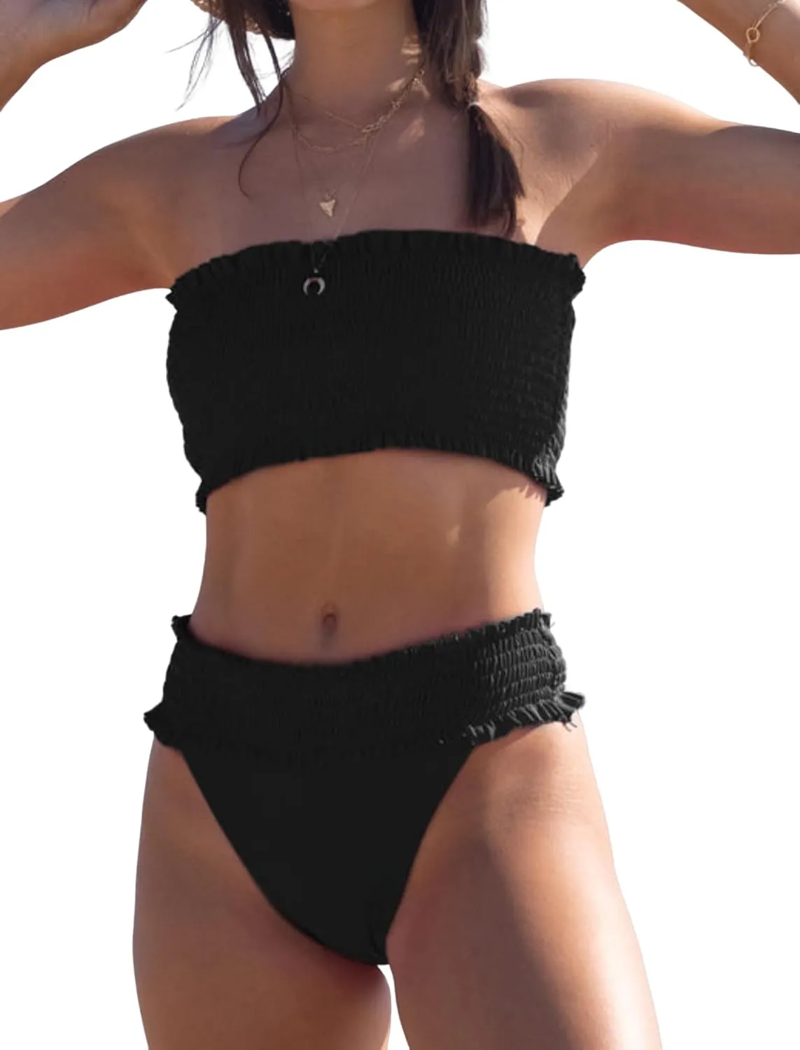 ZAFUL Women Bandeau Bikini Sets Smocked Swimsuit Strapless 2 Piece Swimwear Cheeky Bathing Suits