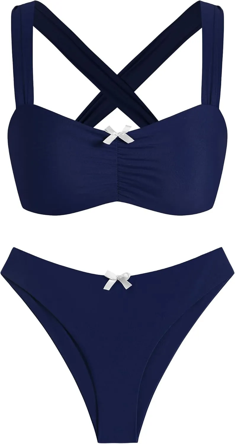 ZAFUL Women High Cut Bikini Sets Wide Strap Bow Ruched Lace Up 2 Piece Swimsuit Solid Cheeky Bathing Suits