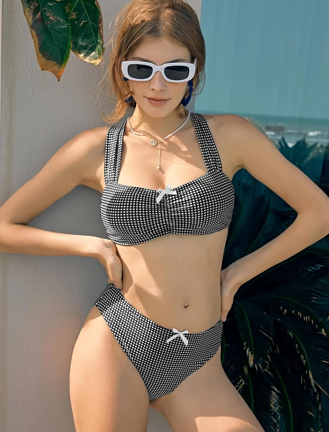 ZAFUL Women High Cut Bikini Sets Wide Strap Bow Ruched Lace Up 2 Piece Swimsuit Solid Cheeky Bathing Suits