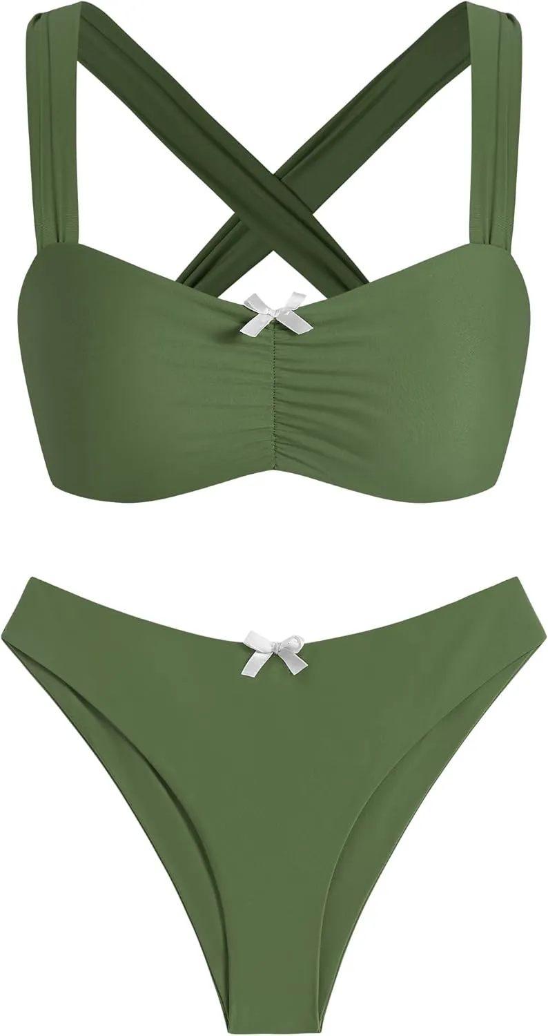 ZAFUL Women High Cut Bikini Sets Wide Strap Bow Ruched Lace Up 2 Piece Swimsuit Solid Cheeky Bathing Suits