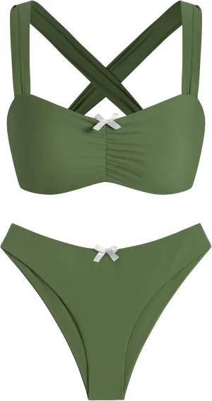 ZAFUL Women High Cut Bikini Sets Wide Strap Bow Ruched Lace Up 2 Piece Swimsuit Solid Cheeky Bathing Suits