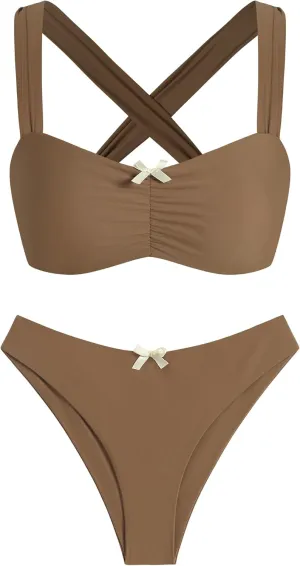 ZAFUL Women High Cut Bikini Sets Wide Strap Bow Ruched Lace Up 2 Piece Swimsuit Solid Cheeky Bathing Suits