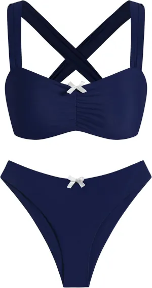 ZAFUL Women High Cut Bikini Sets Wide Strap Bow Ruched Lace Up 2 Piece Swimsuit Solid Cheeky Bathing Suits