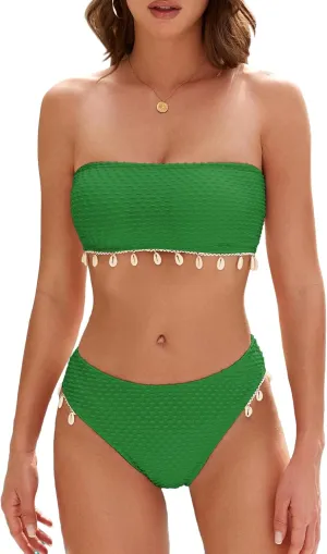 ZAFUL Women Strapless Bandeau Bikini Shell 2 Piece Swimwear Cheeky Solid Lace up Pom Bathing Suits