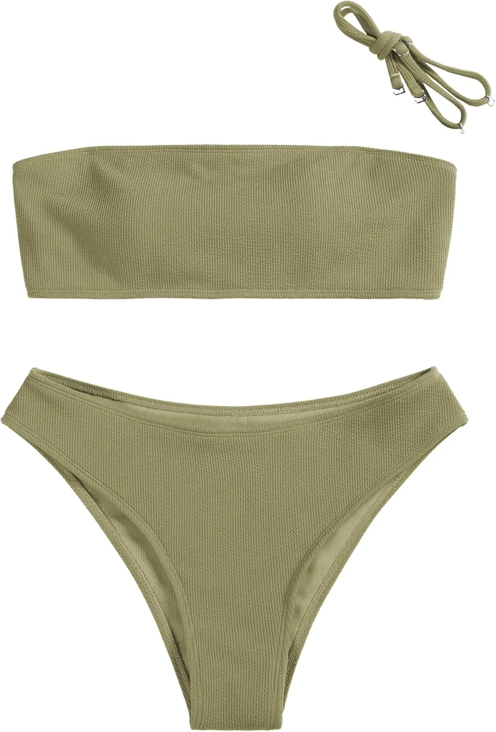 ZAFUL Women Strapless Ribbed High Cut Bandeau Bikini Lace Up 2 Pieces Swimwear
