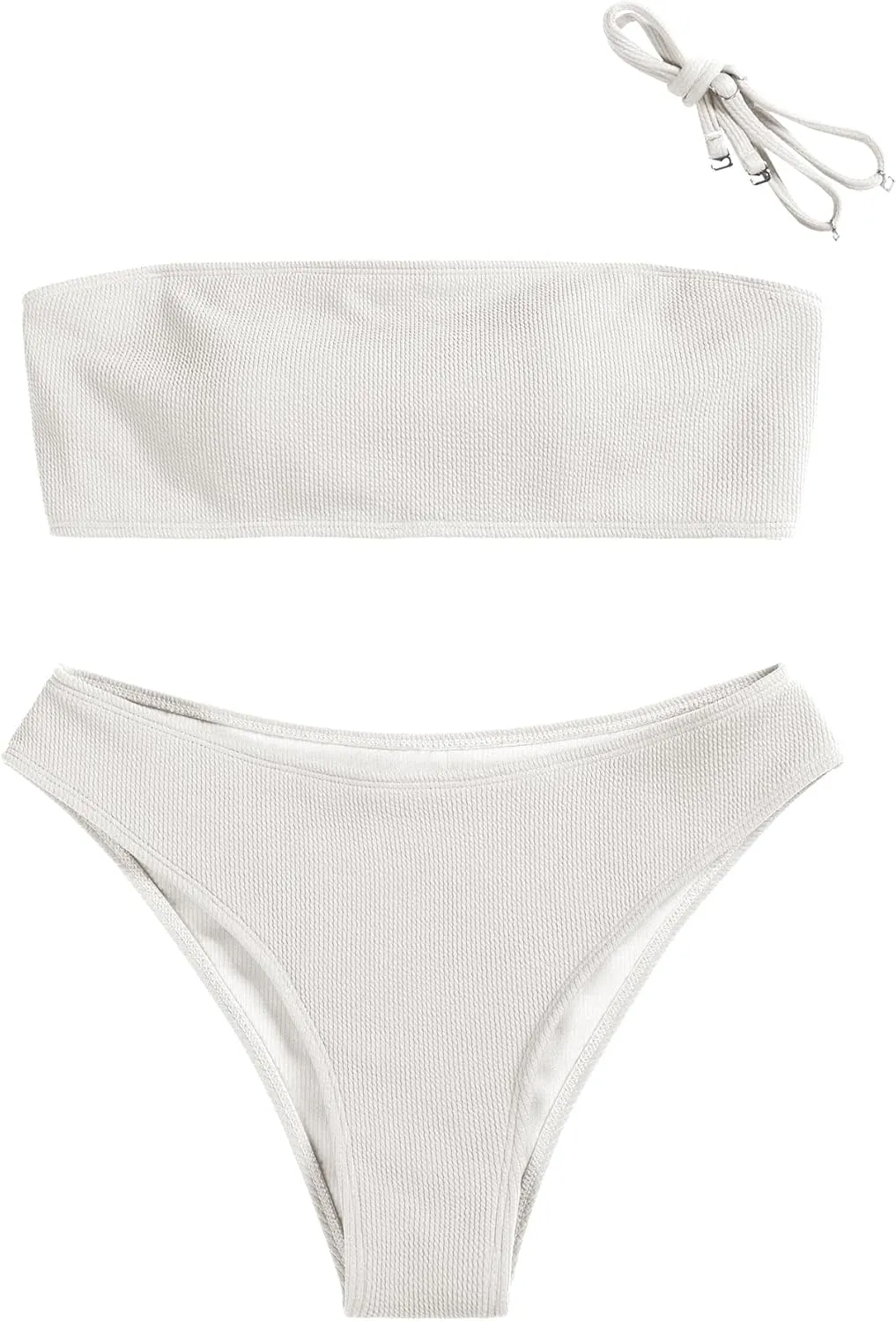 ZAFUL Women Strapless Ribbed High Cut Bandeau Bikini Lace Up 2 Pieces Swimwear