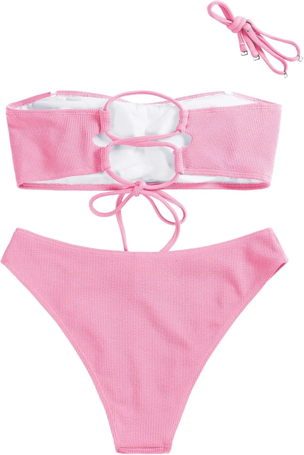ZAFUL Women Strapless Ribbed High Cut Bandeau Bikini Lace Up 2 Pieces Swimwear