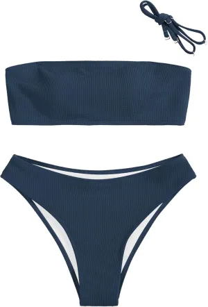 ZAFUL Women Strapless Ribbed High Cut Bandeau Bikini Lace Up 2 Pieces Swimwear