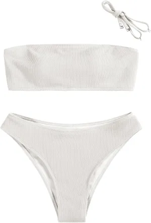 ZAFUL Women Strapless Ribbed High Cut Bandeau Bikini Lace Up 2 Pieces Swimwear