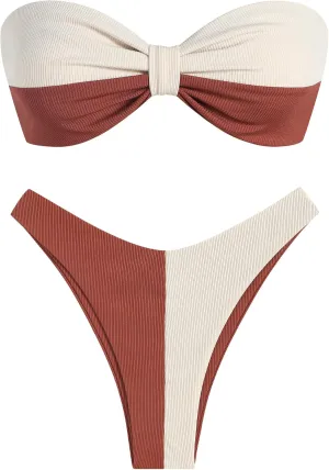 ZAFUL Women Strapless Ribbed High Cut Bandeau Bikini Lace Up 2 Pieces Swimwear