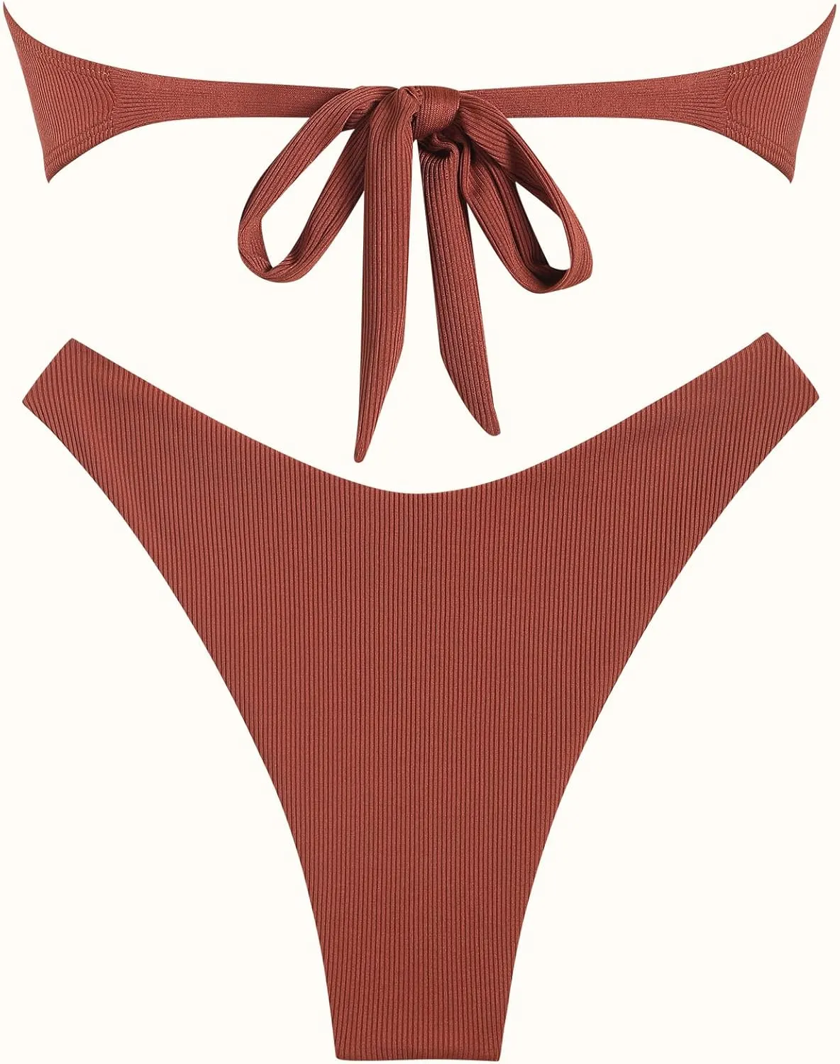 ZAFUL Women Strapless Ribbed High Cut Bandeau Bikini Lace Up 2 Pieces Swimwear