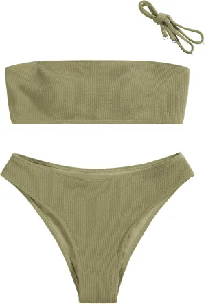 ZAFUL Women Strapless Ribbed High Cut Bandeau Bikini Lace Up 2 Pieces Swimwear