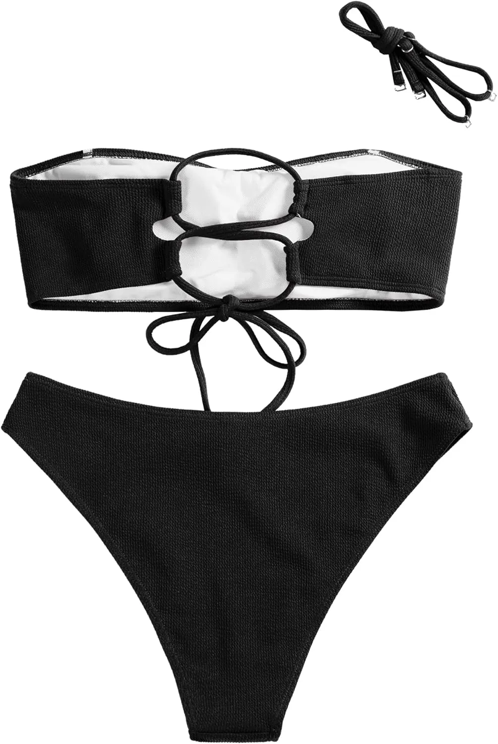 ZAFUL Women Strapless Ribbed High Cut Bandeau Bikini Lace Up 2 Pieces Swimwear
