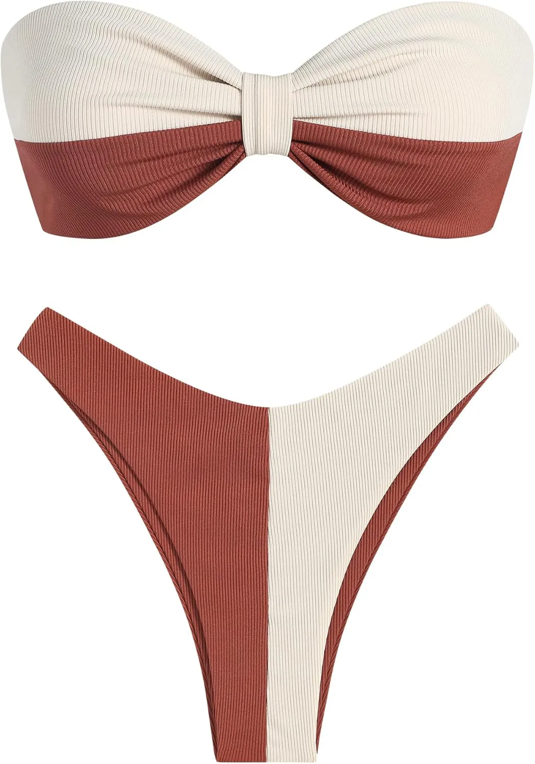 ZAFUL Women Strapless Ribbed High Cut Bandeau Bikini Lace Up 2 Pieces Swimwear