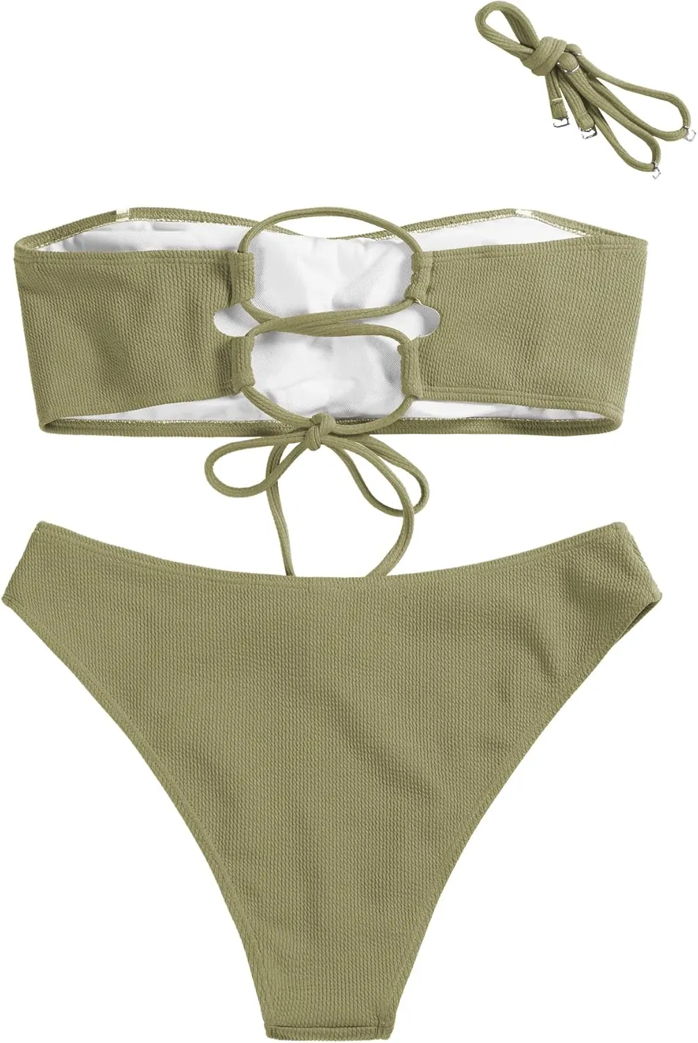 ZAFUL Women Strapless Ribbed High Cut Bandeau Bikini Lace Up 2 Pieces Swimwear