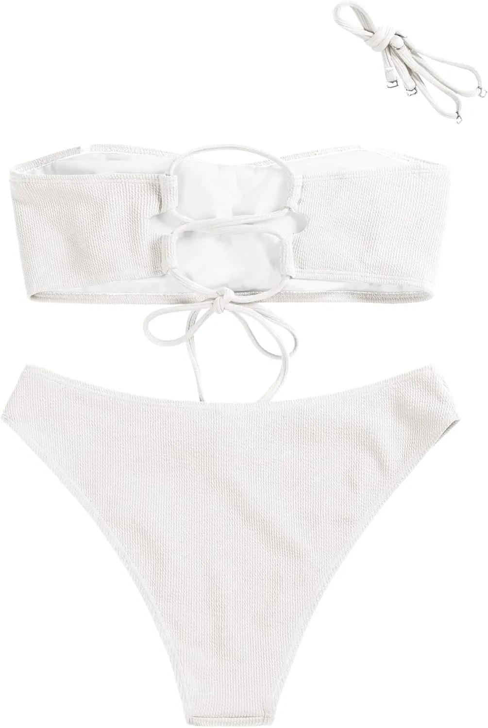ZAFUL Women Strapless Ribbed High Cut Bandeau Bikini Lace Up 2 Pieces Swimwear