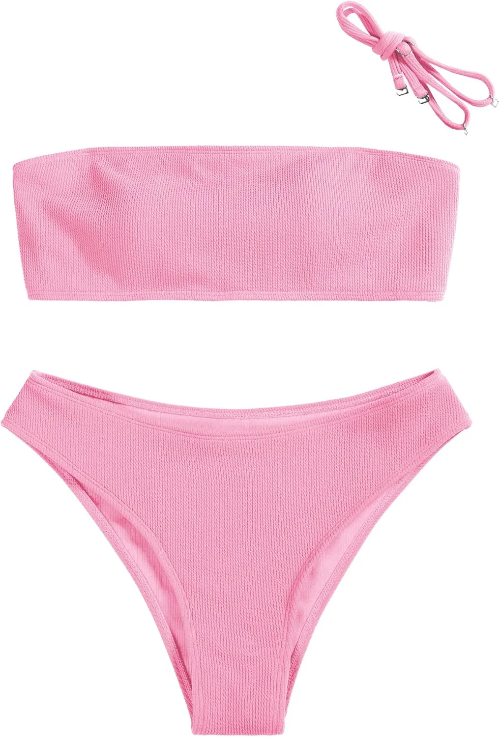 ZAFUL Women Strapless Ribbed High Cut Bandeau Bikini Lace Up 2 Pieces Swimwear