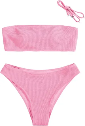 ZAFUL Women Strapless Ribbed High Cut Bandeau Bikini Lace Up 2 Pieces Swimwear