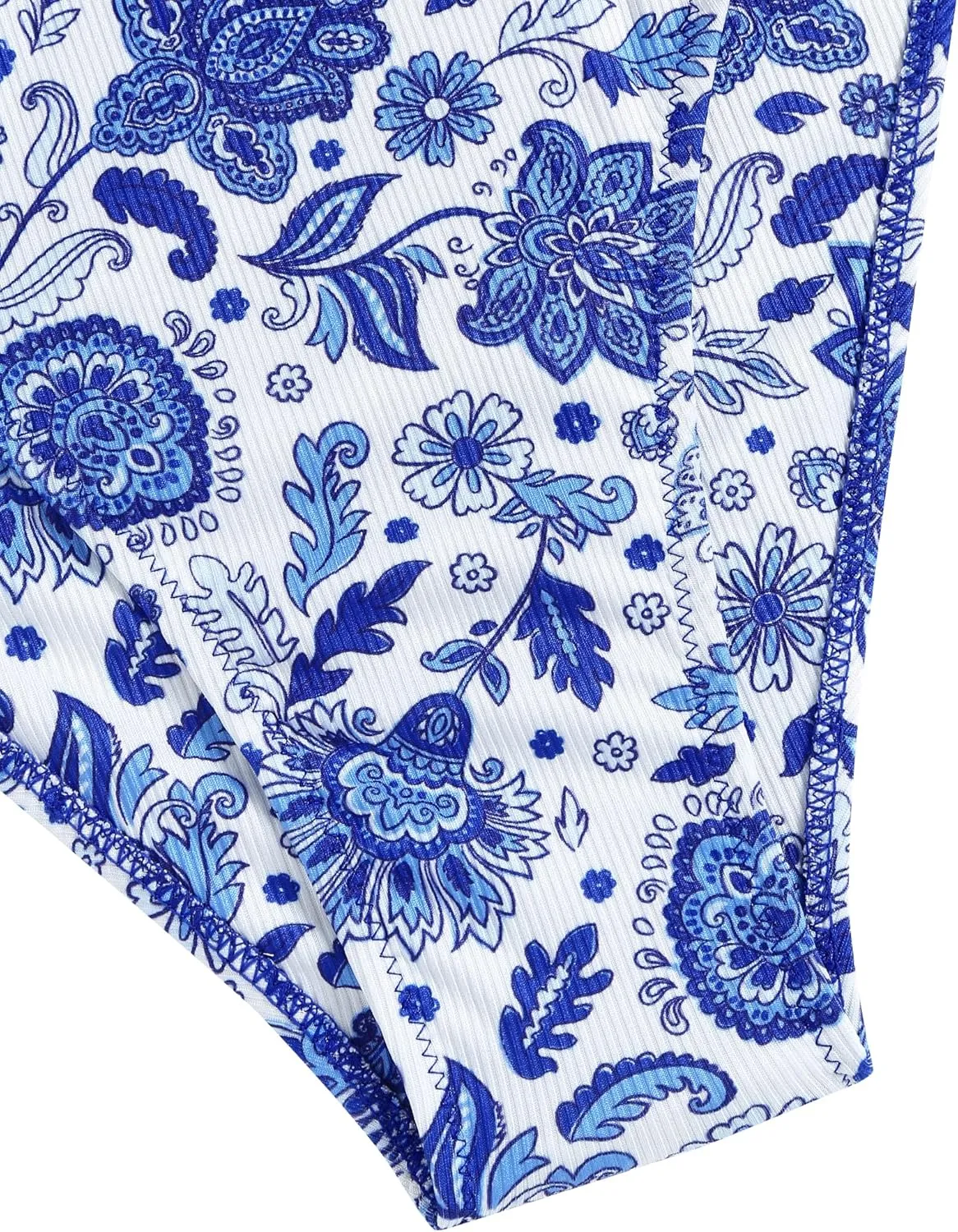 ZAFUL Women V Neck Bikini Set Ruched Tie Front High Waisted Floral Print Ribbed 2 Piece Bathing Suit Swimsuits