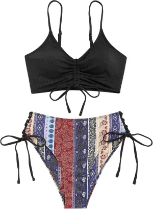 ZAFUL Women V Neck Bikini Set Ruched Tie Front High Waisted Floral Print Ribbed 2 Piece Bathing Suit Swimsuits