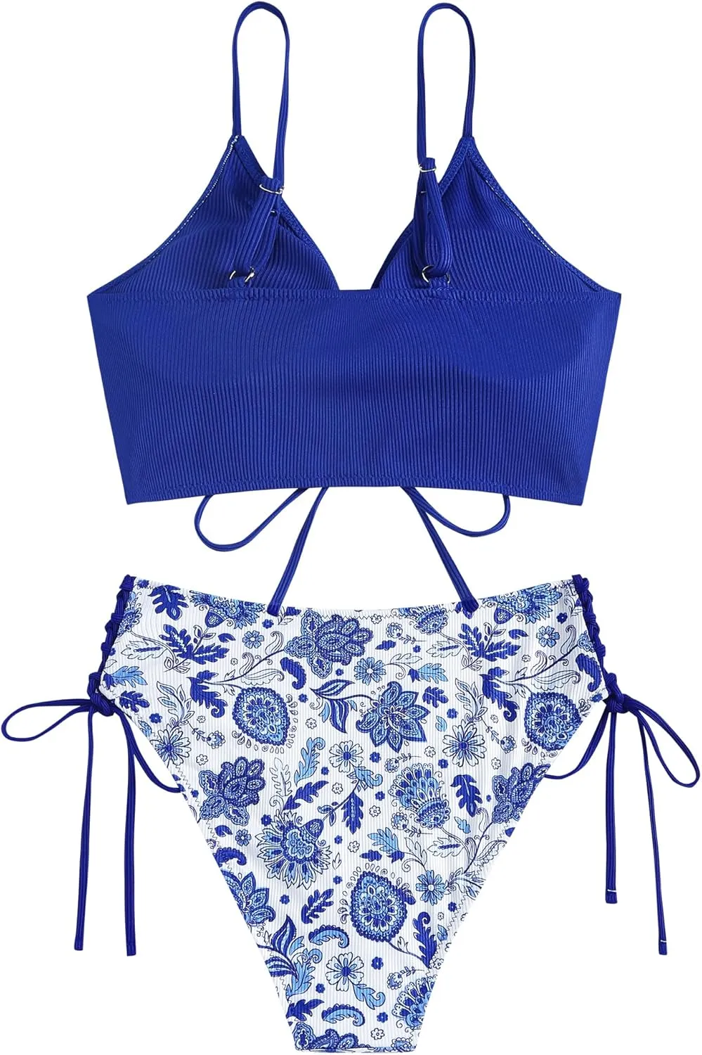 ZAFUL Women V Neck Bikini Set Ruched Tie Front High Waisted Floral Print Ribbed 2 Piece Bathing Suit Swimsuits
