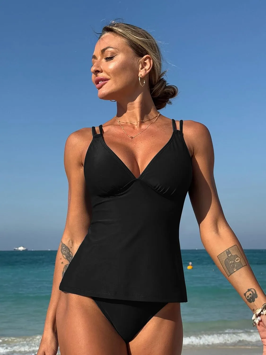 ZAFUL Womens 2025 Tankini Sets Sexy V Neck Swimsuit, Swim Tank Top and Cutout Bikini Briefs Two Piece Bathing Suit