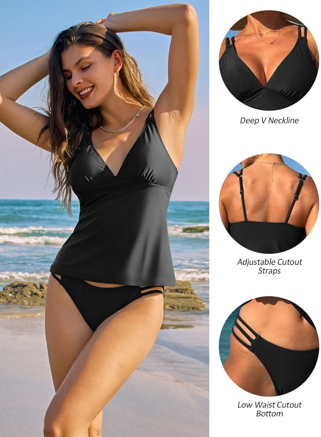ZAFUL Womens 2025 Tankini Sets Sexy V Neck Swimsuit, Swim Tank Top and Cutout Bikini Briefs Two Piece Bathing Suit