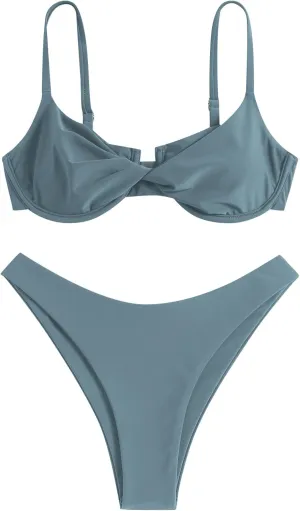 ZAFUL Women's Twist Front Bikini Sets Underwire Tie Back Bikini High Waisted Two Piece Swimsuit